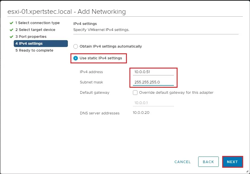 vmkernel ipv4 settings