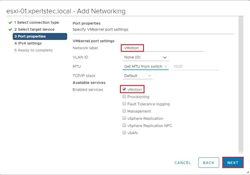 vmkernel port settings