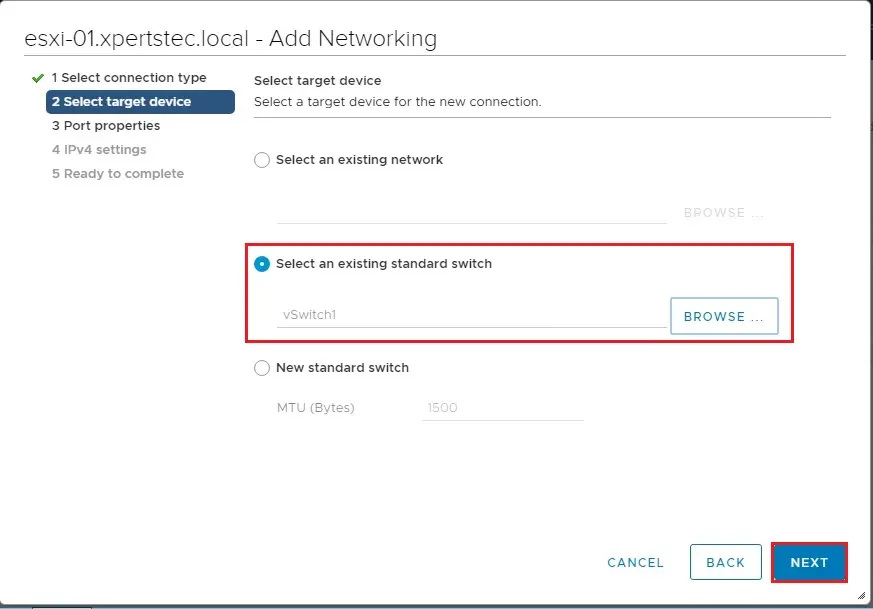 vmkernel select target device