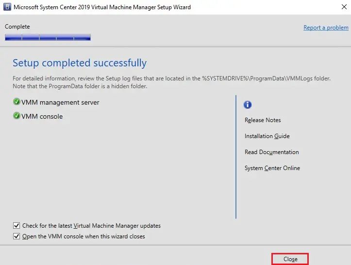 virtual machine manager setup completed