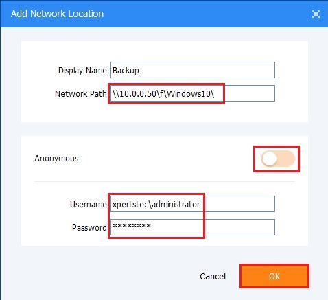 aomei backupper add network location