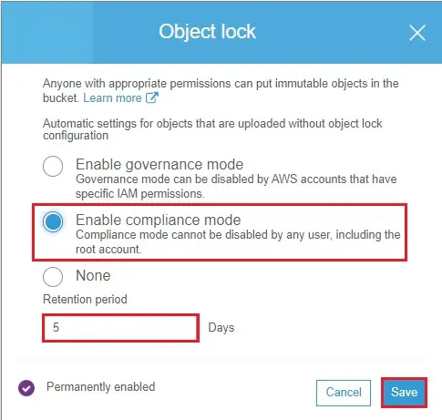 aws s3 advanced settings object lock