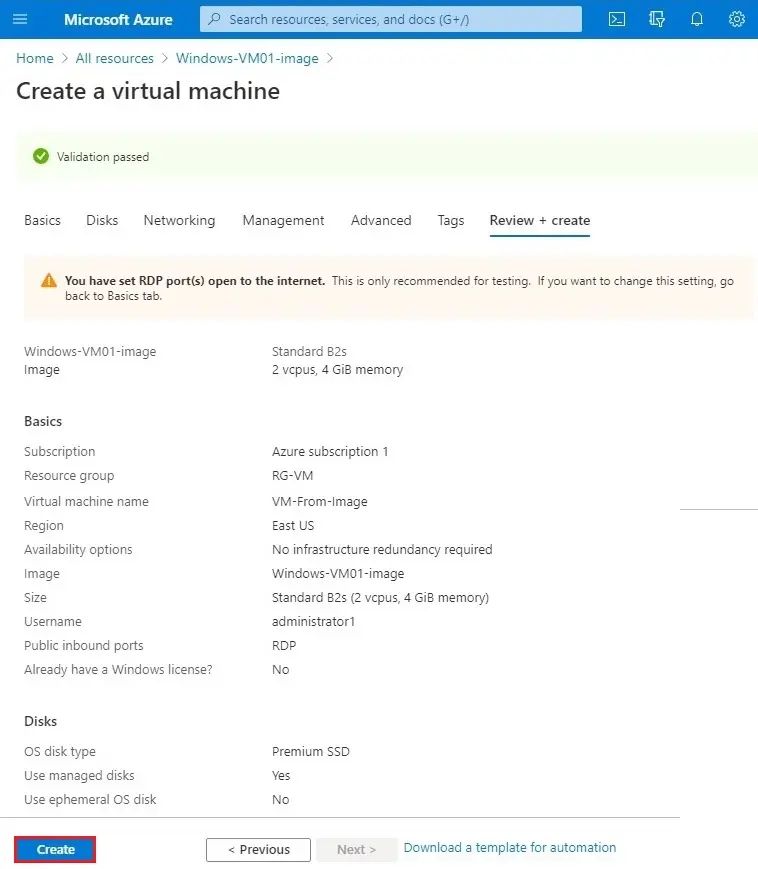 azure create vm validation