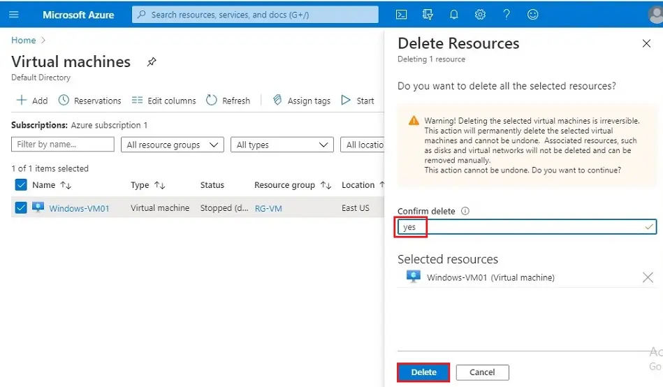 azure delete resources confirm