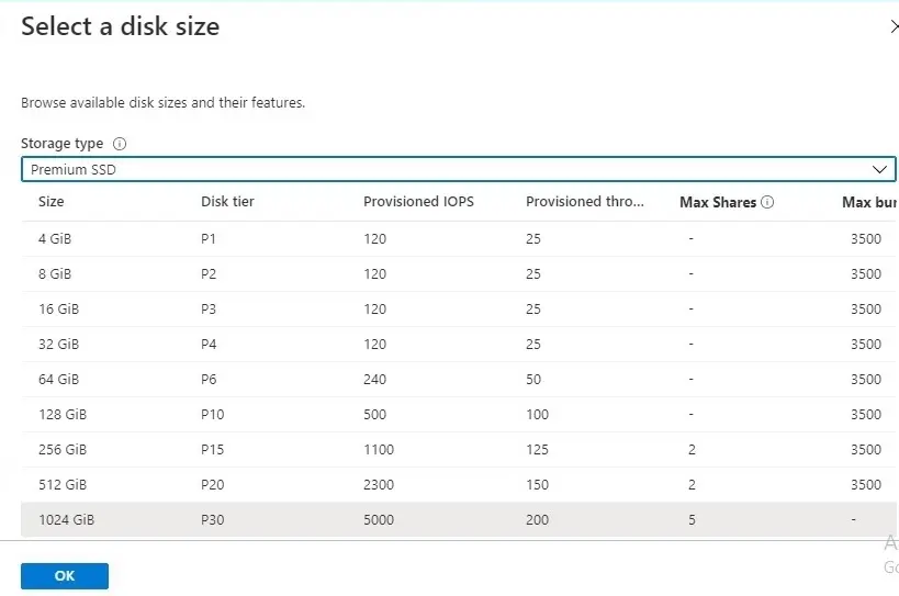 azure select a disk size