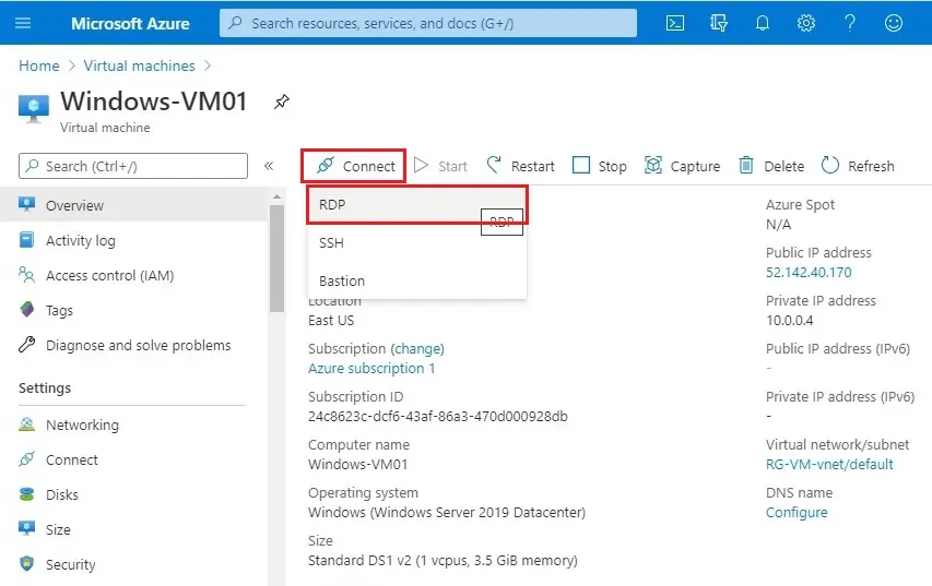 azure virtual machine connect