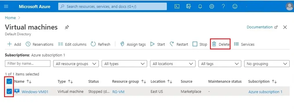 azure virtual machine delete