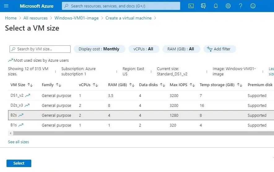 azure virtual machine select vm size