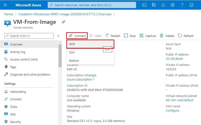 azure vm connect