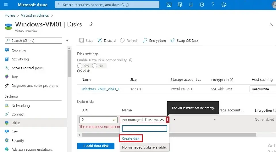 azure vm create disk