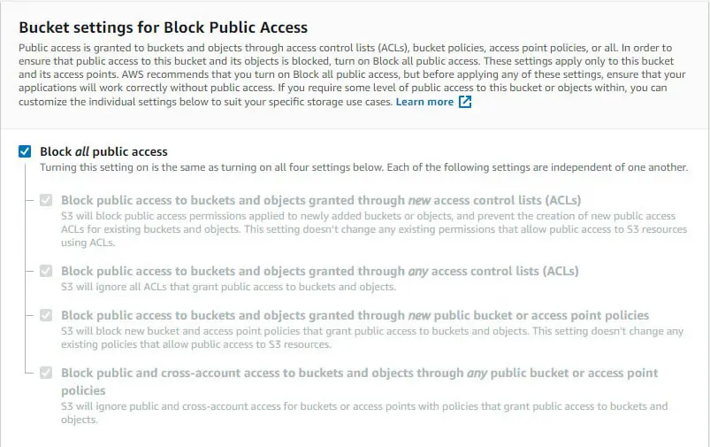 bucket settings for block access