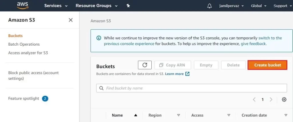 create amazon s3 bucket