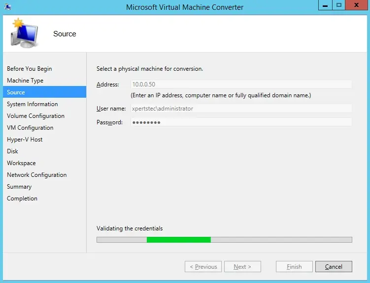 microsoft vm converter source validating