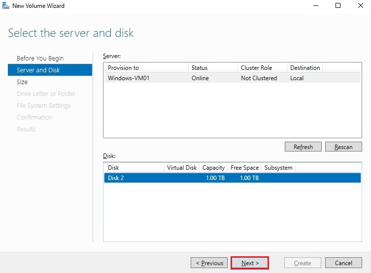 new volume wizard server and disk