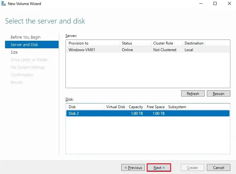 new volume wizard server and disk