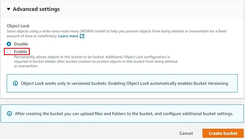 s3 bucket advanced settings object