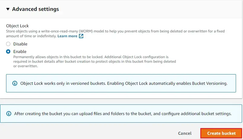 s3 bucket advanced settings object lock