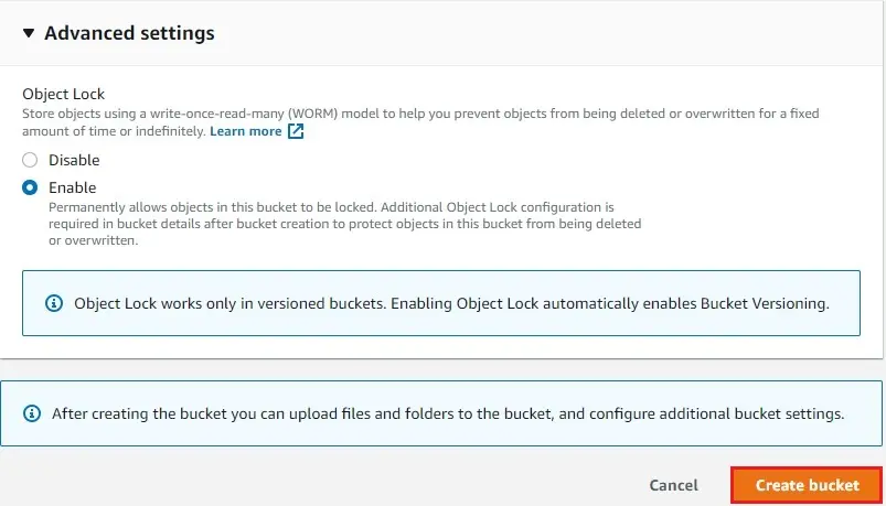 s3 bucket advanced settings object lock