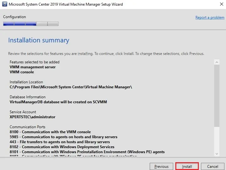 system center installation summary