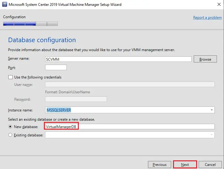 system center wizard database configuration