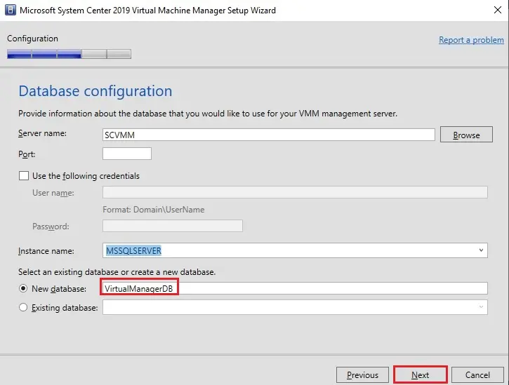 system center wizard database configuration