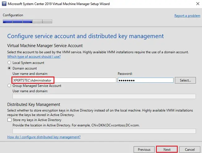 system center wizard service account