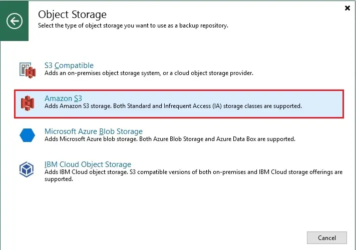 veeam add object storage type