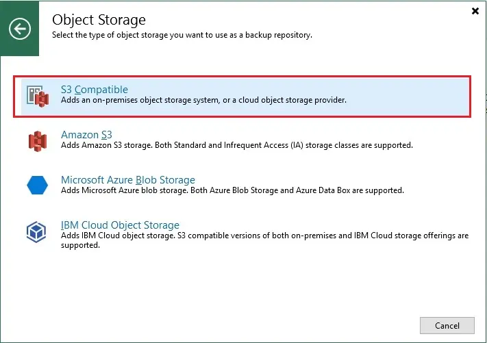 veeam add object storage type