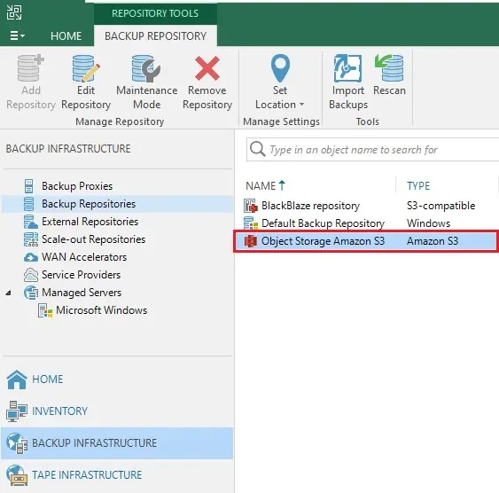 veeam console backup repository