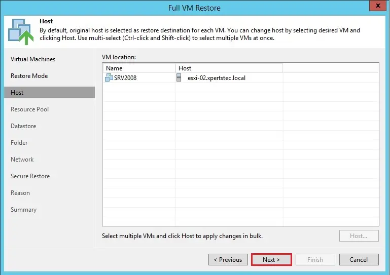 veeam full vm restore host