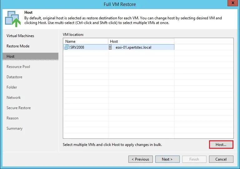 veeam full vm restore host