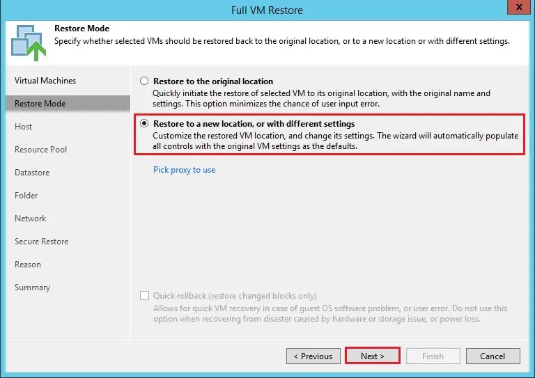 veeam full vm restore mode