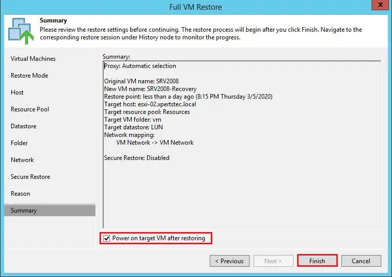 veeam full vm restore summary