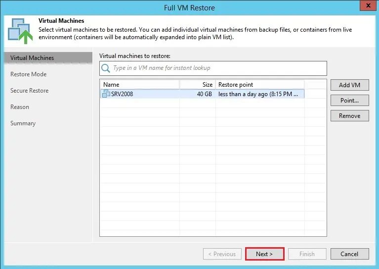 veeam full vm restore wizard