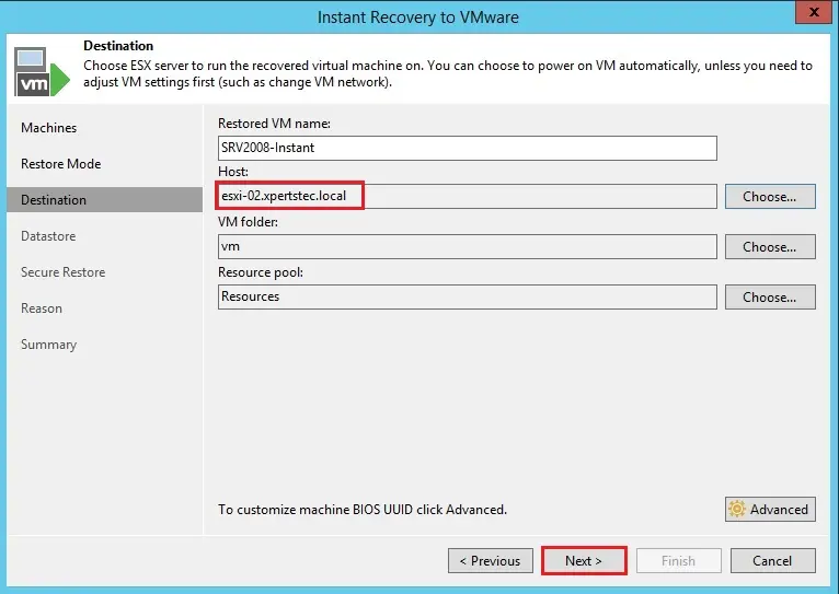 veeam instant recovery destination