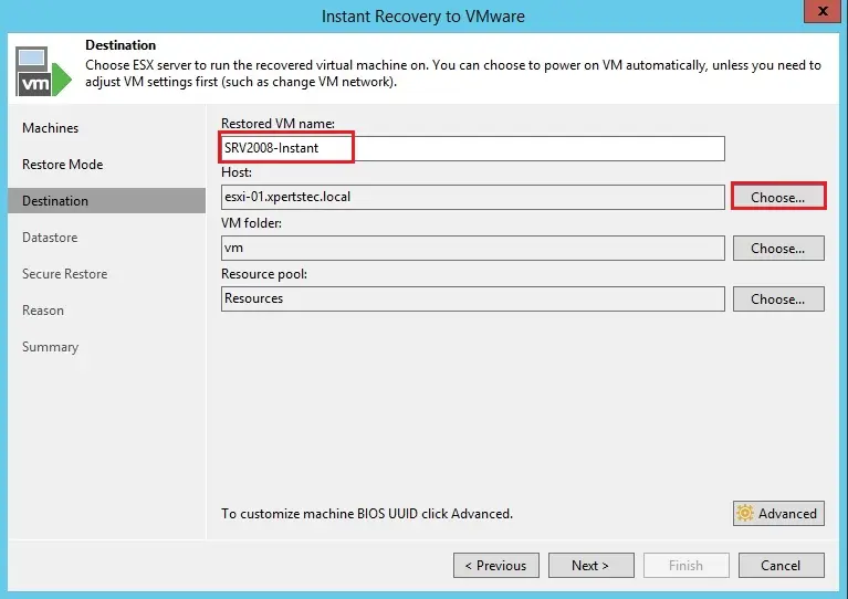 veeam instant recovery destination