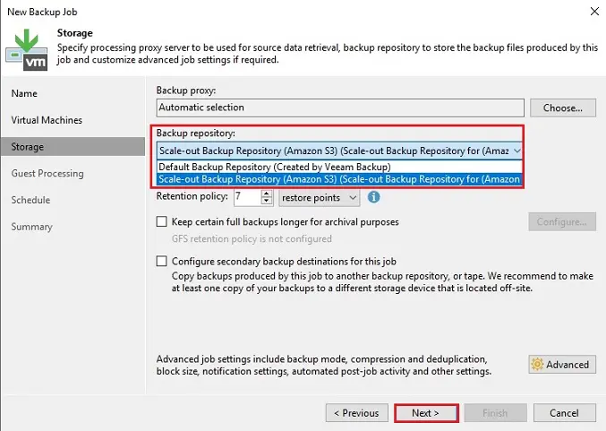 veeam new backup job storage