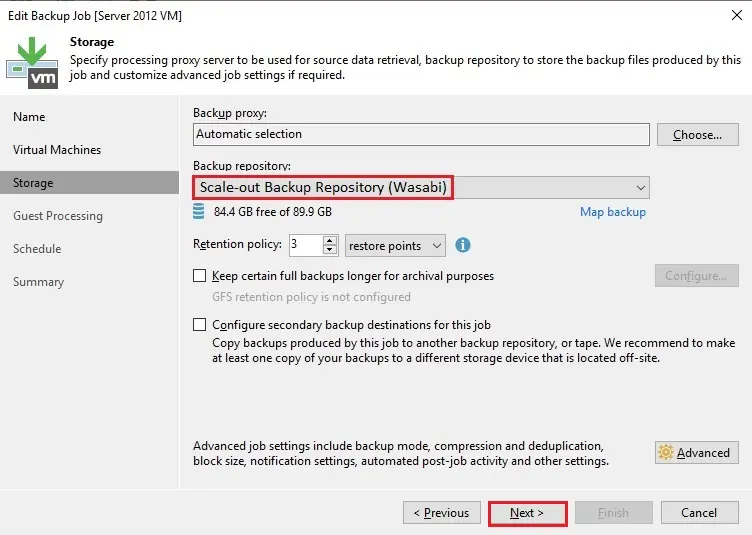 veeam new backup job storage