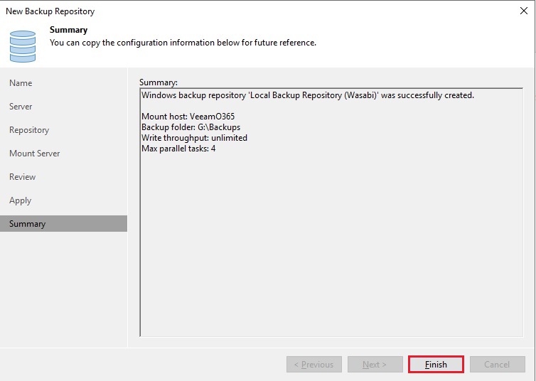 veeam new backup repository summary