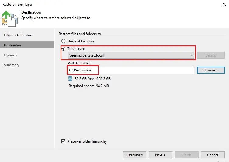 veeam restore from tape destination