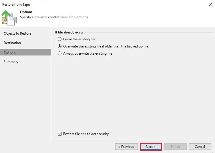 veeam restore from tape options