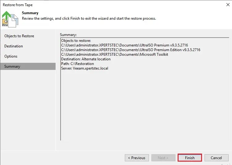 veeam restore from tape summary