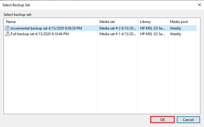 veeam restore select backup set