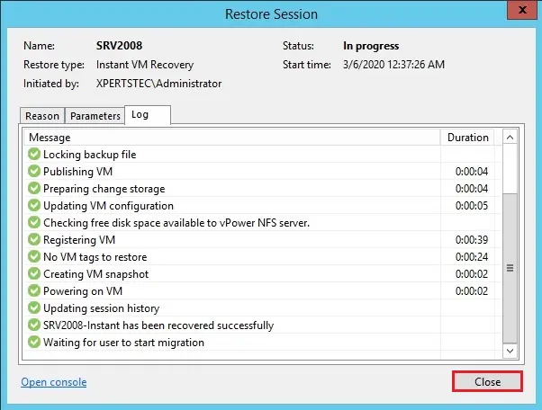 veeam restore session