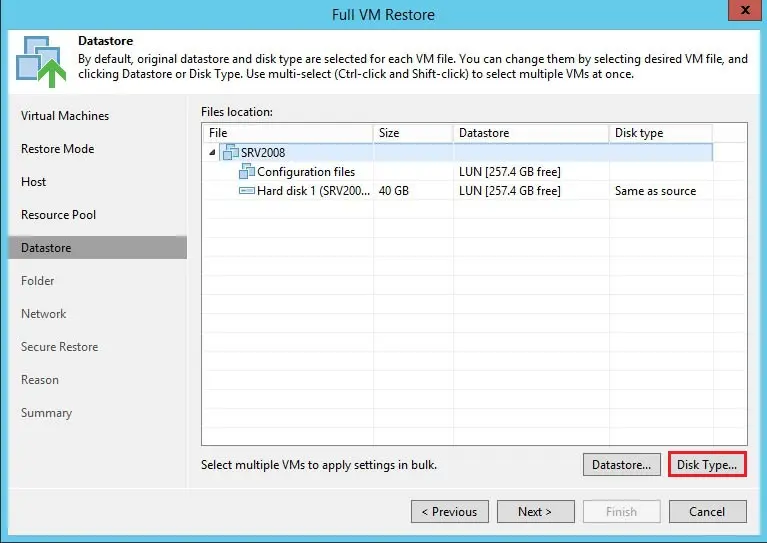 veeam vm restore datastore