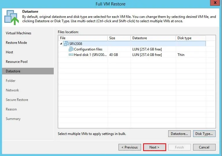 veeam vm restore datastore