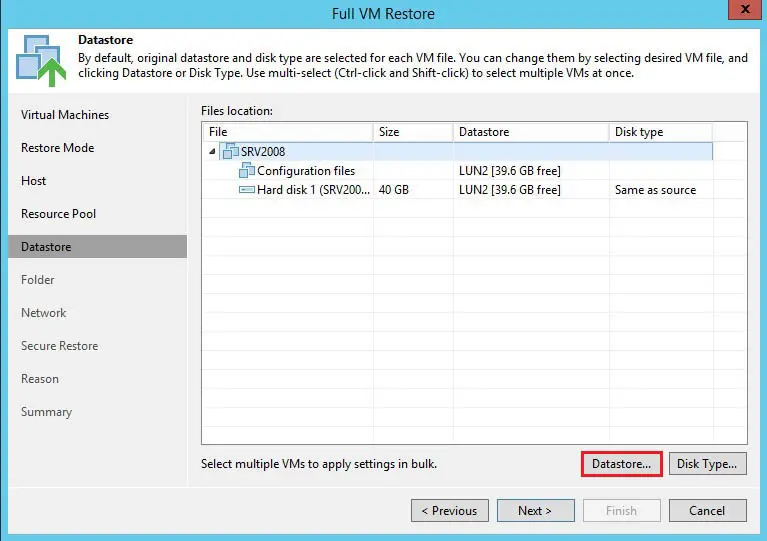 veeam vm restore datastore