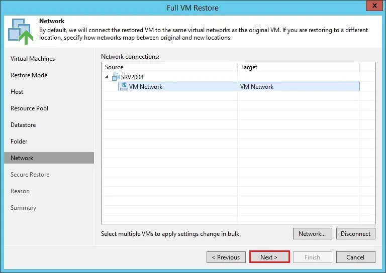 veeam vm restore network