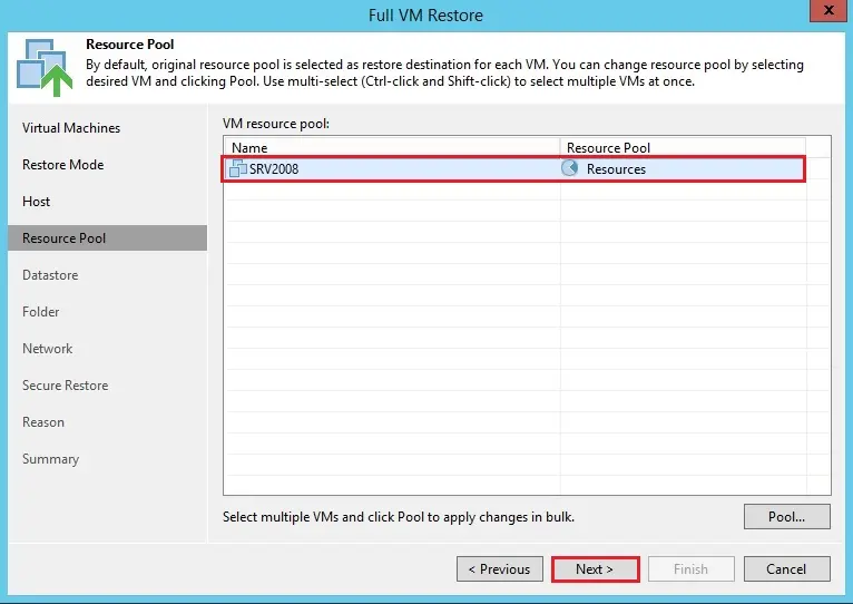 veeam vm restore resource pool