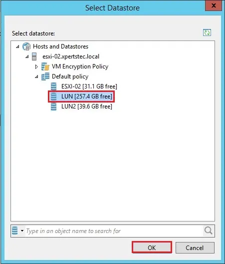 veeam vm restore select datastore